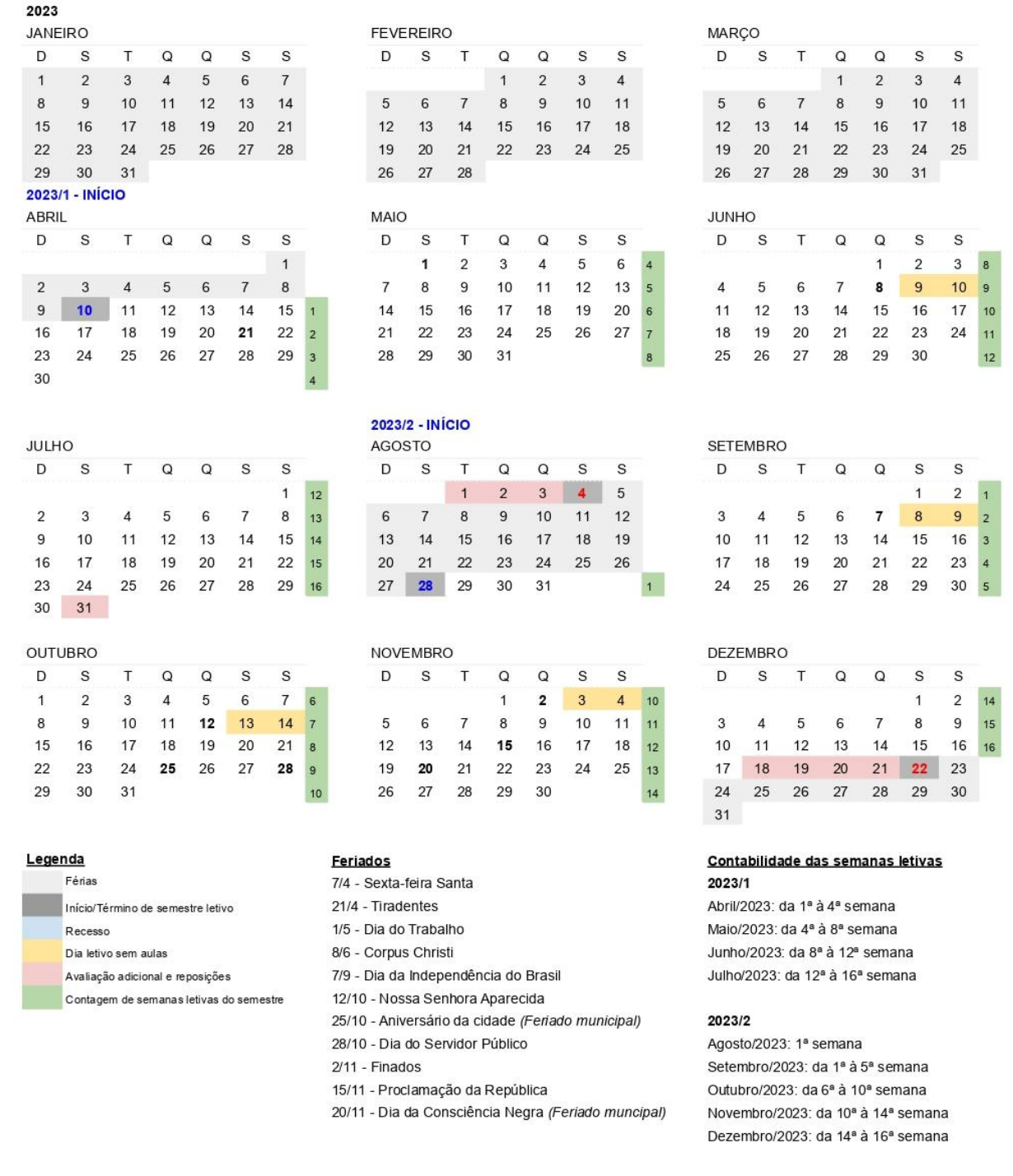calendario 2023 1 e 2023 2 paraiso